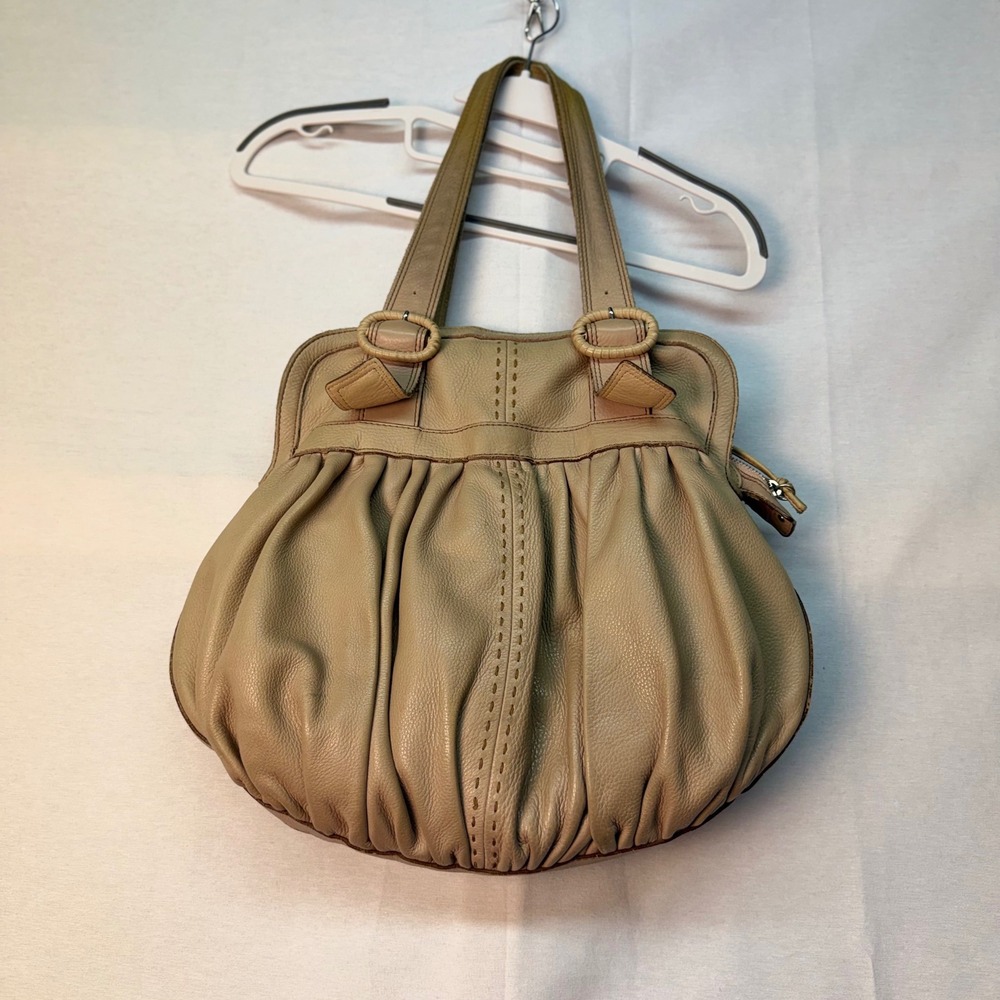 Cole Haan Beige Pebbled Leather Pleated Shoulder Bag Whipstitch Detail